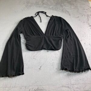 Earthbound Trading Co Black Ribbed Bell Sleeve Crop Top V-Neck Boho XL